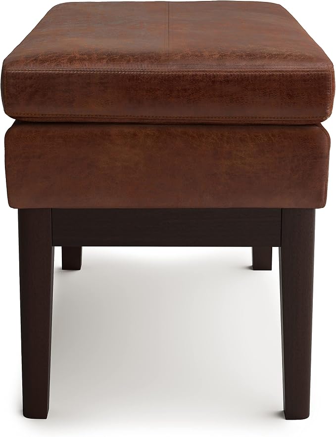 SIMPLIHOME Carlson Small Ottoman Bench - 27 inch Wide Upholstered Woven Fabric Rectangle Ottoman in Distressed Saddle Brown, Mid Century Modern Bench for Bedroom or Living Room with Padded Seat