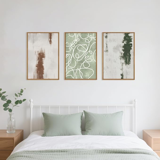 Large Abstract Green Brown Geometric Framed Canvas Wall Art Set,Minimalist Neutral Brush Stroke Wall Decor,Modern Watercolor White Curved Lines Artwork for Living Room,Bedroom,Office-24 x36 x3