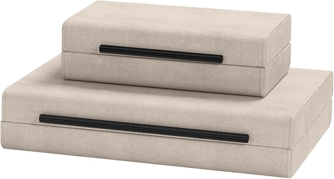 Ivory Shagreen Decorative Boxes Set of 2-Modern Faux Leather Jewelry Orgazier, Engineered Wood Keepsake Boxes With Black Metal Handles for Home Decor Living Room Console Table, Gift (Ivory)
