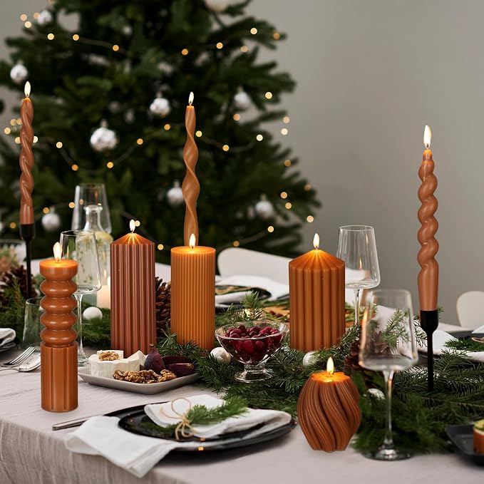 Nuanchu 9 Pcs Modern Decorative Candles Set 5 Pillar Aesthetic Ribbed Candles 4 Spiral Taper Twisted Candlesticks Scented Smokeless Soy Wax for Wedding Holiday Dinner Home Decorations(Brown)