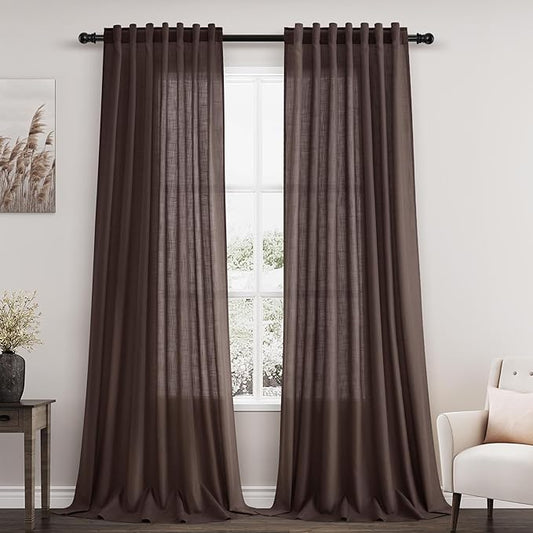 Nanspring Coffee Linen Semi Sheer Curtains 108 Inches Long 2 Panels Set Back Tab Loop Pocket Boho Large Window Curtain Extra Long Light Filtering Drapes High Ceiling Curtains for Living Room 52x108