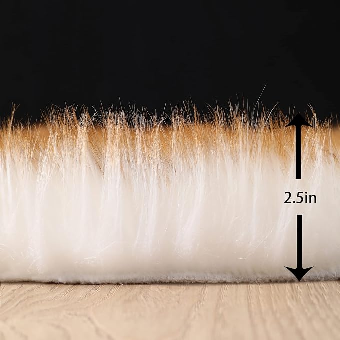 Faux Fur Sheepskin Runner Rug White Yellow 2x6 ft Ultra Soft Shaggy Plush Fluffy Fuzzy Area Carpet Decorative Chair Cover Floor Mat for Bedroom Sofa Living Room Bedside