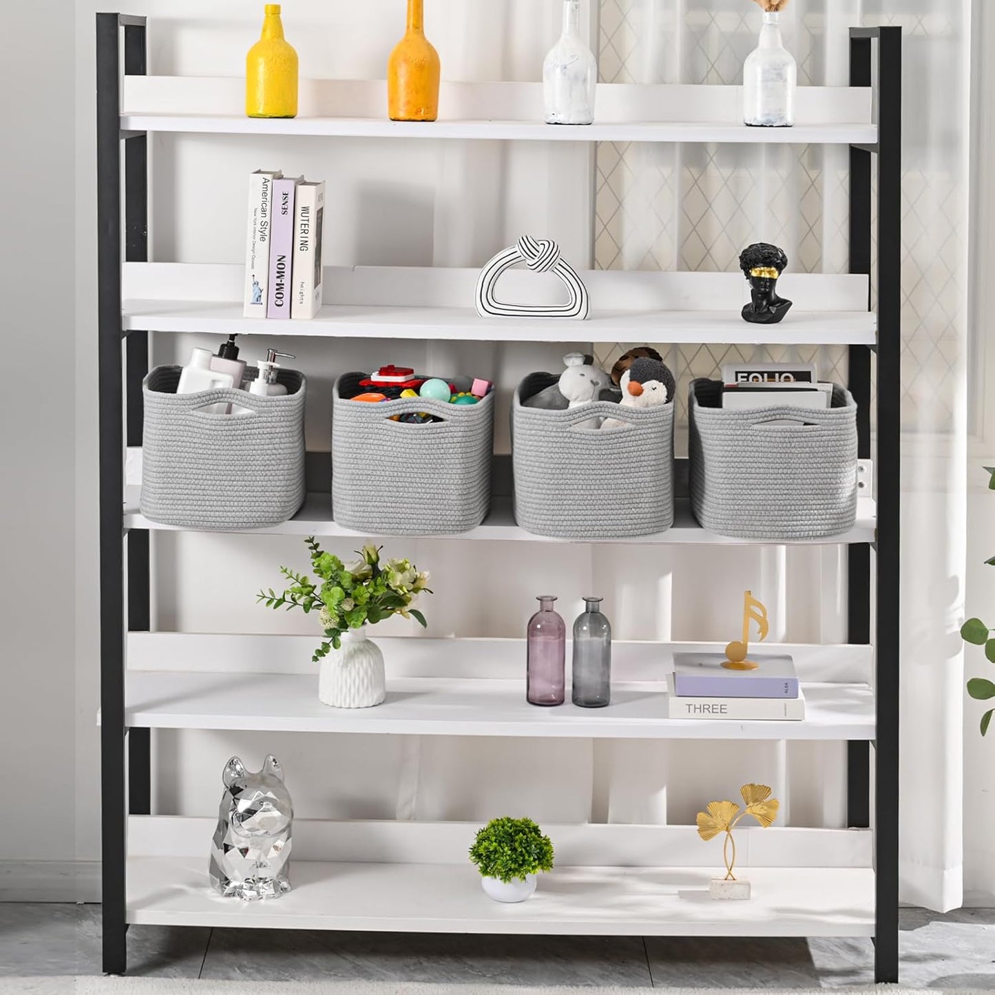 Storage Baskets for Organizing & Shelves, Woven Cotton Rope Organization Bins for Dog Toys, Clothes, Books, Nursery Organizer, 15" Lx11 Wx9.5 H, (4 Packs) Grey