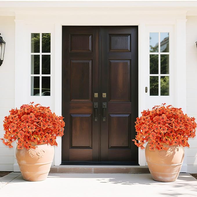 Geegoods Artificial Mum Flowers for Outdoors, 32 Bundles UV Resistant Faux Plastic Mum Flowers for Halloween Front Door Porch Patio Yard Balcony Decor