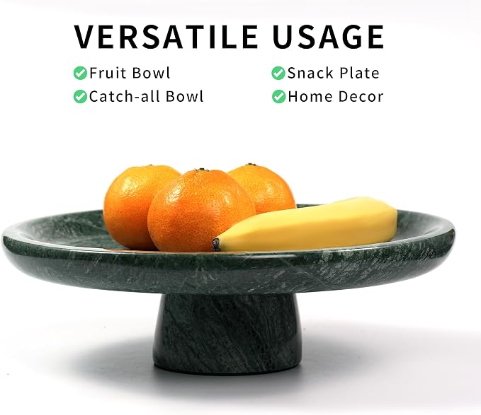 Marble Fruit Bowl for Kitchen - 11.8" Green Decorative Stone Pedestal Bowls for Home Decor, Footed Fruits Holder For Dining Table Counter Organization