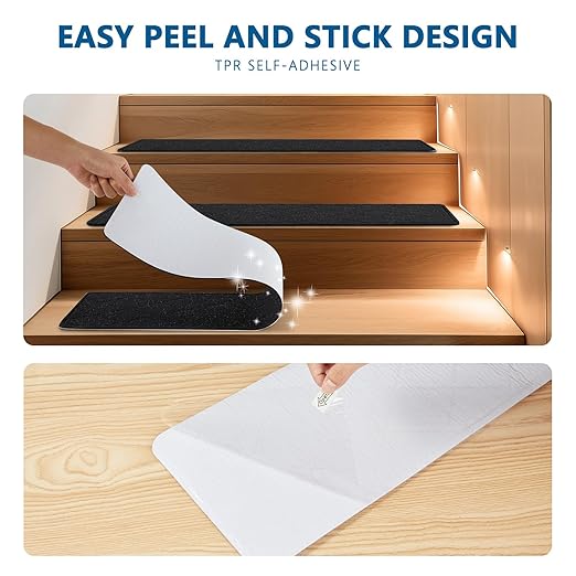 Stair Treads for Wooden Steps, 15 Pack 9" X 30" Non Slip Carpet Stair Treads Indoor with Reusable Adhesive for Kids Elders and Dogs, Surface Polyester TPR Backing Stair Runner Rugs, Black