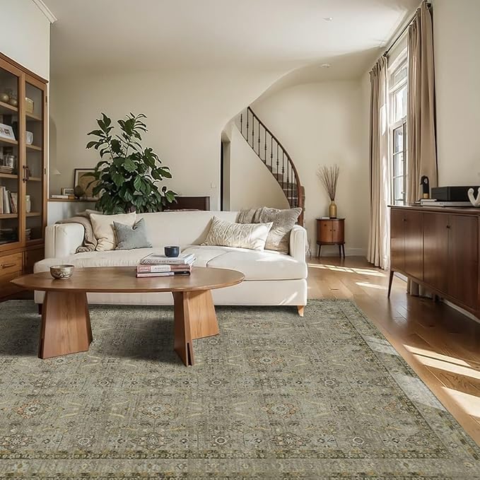 Rugxara 6x9 Area Rugs for Living Room Bedroom, Large Washable Rug, Olive Vintage Floral Boho Style, Non Slip & Low Pile Carpet for Indoor Dining Room, Dorm and Kids Room(Olive Brown 6x9ft)