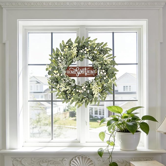 Artificial Eucalyptus Wreaths for Front Door, Spring Summer Wreath with Welcome Home Sign, Olives Leaves, Mixed Berries for Indoor Outdoor Farmhouse Porch Wall Window Festival Décor 20 Inch