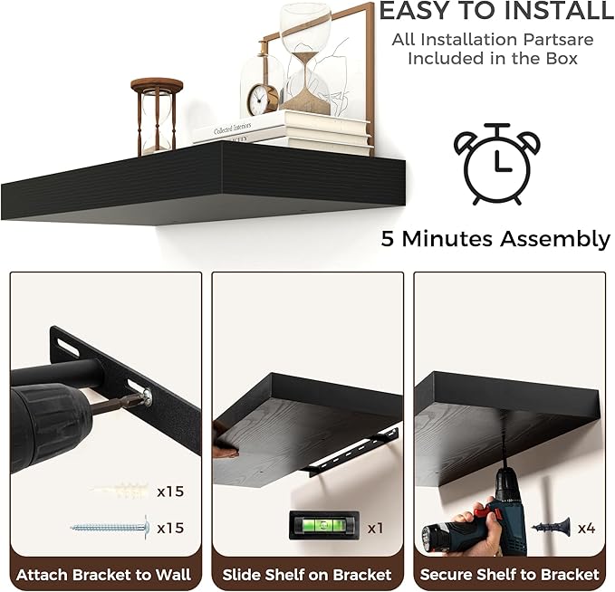 Venusmiles Floating Shelves for Wall, 72 Inch Floating Shelves Set of 2, 6.5" D Wooden Wall Mounted Display Shelves with Invisible Brackets for Living Room, Bedroom, Bathroom, Kitchen Decor, Black