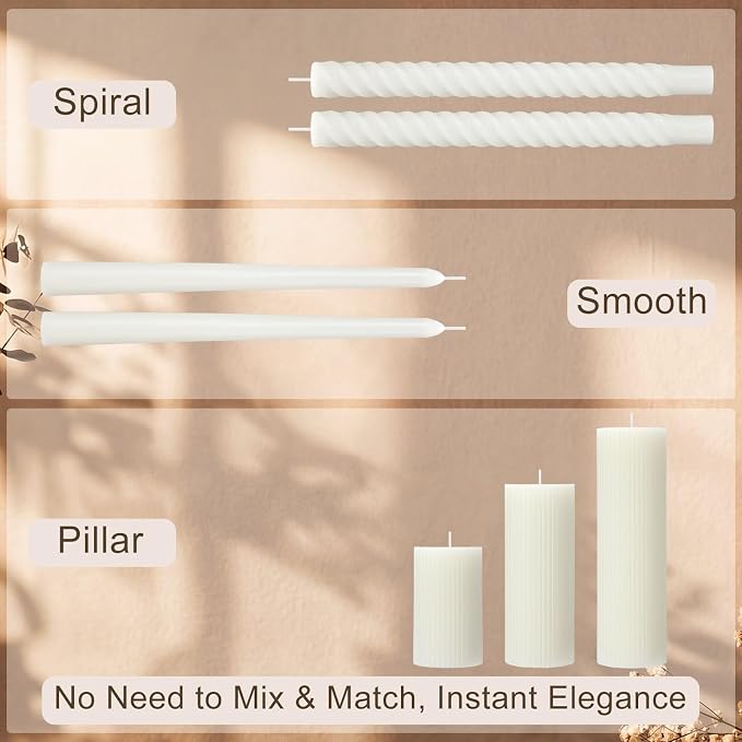 Conelist 9 Pcs Modern Decorative Candles Set, 3 Pillar Aesthetic Ribbed and 6 Spiral Taper Twisted Candles, Unscented Soy Wax for Wedding Holiday Dinner Home Decor (White)