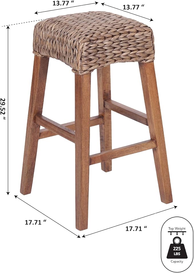 JONATHAN Y Maui Coastal Woven Water Hyacinth Bar Stool, Mango Wood Frame, 30" Backless Barstool for Kitchen Island with Integrated Footrest, Fully Assembled, Coastal, Brown Wash BSL1101A