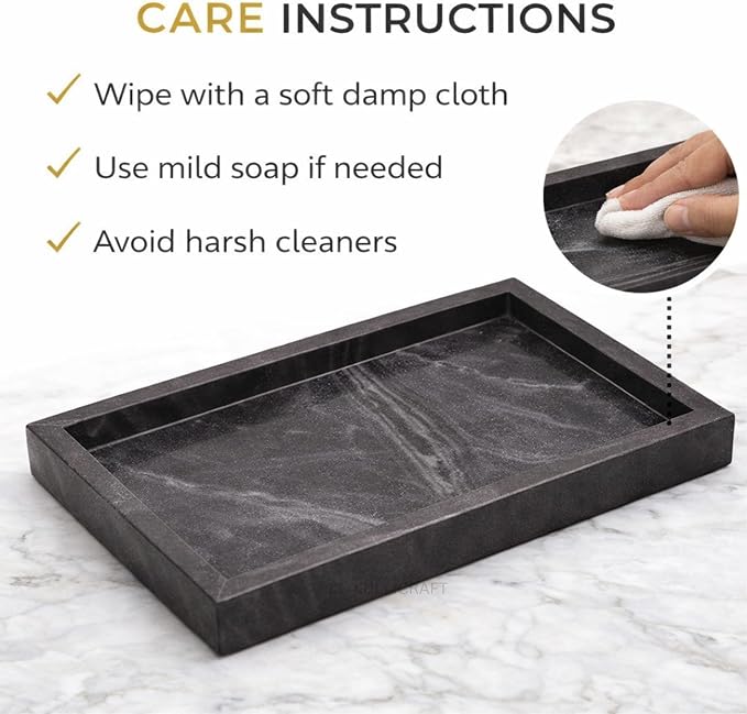 Natural Marble Tray, Black, 12" x 8", Rectangular | For Bathroom, Kitchen & Vanity Organizer, Desktop & Coffee Table Use, Stone Organizer