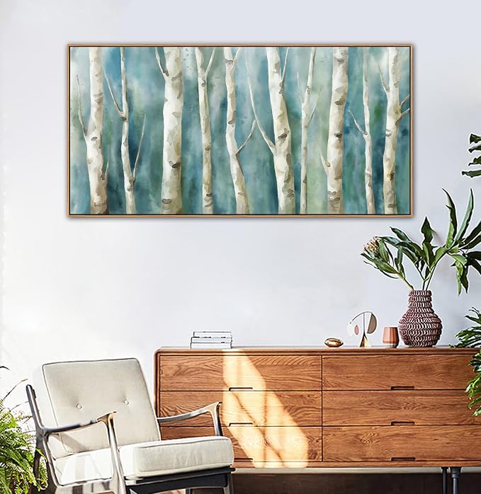 Framed Birch Canvas Wall Art - Abstract Birch Tree Pictures for Modern Turquoise Canvas Painting Nature Printing Artwork for Living Room Bedroom Home Office Wall Decoration 29" x 58