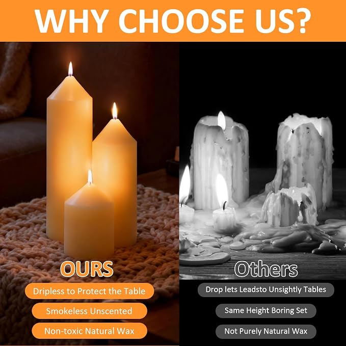 72 Pcs Ivory Pillar Candles Bulk Set，3 Different Lengths 2 x 3/6/8 Inch (24 Each)，Hurricane Candles，Dripless Unscented Smokeless，Gives You a Better Atmosphere When Organizing an Event Party.