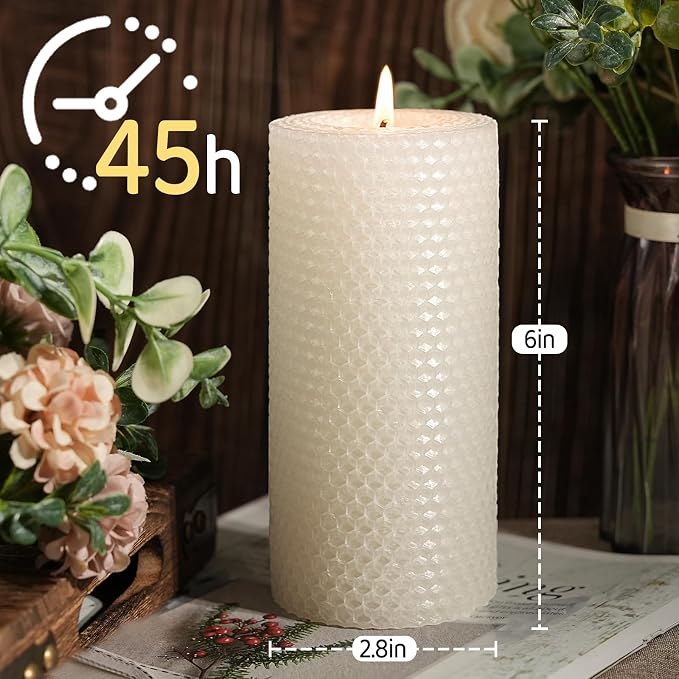 8 Pack Beeswax Pillar Candles, 360 Hours Handmade Large Pillar Beeswax Candles Handcrafted Honeycomb Unscented Bees Wax Candle for Home, Prayer(2.8x6 in)