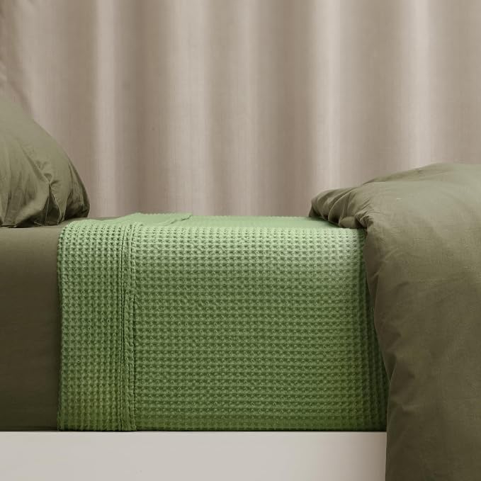 PHF Pre-Washed 100% Cotton Waffle Weave Blanket Queen Size for Bed,Snag Proof Throw Blanket for Couch Spring Summer Lightweight Breathable,Machine Washable, Home Decor Gift - Loden Green
