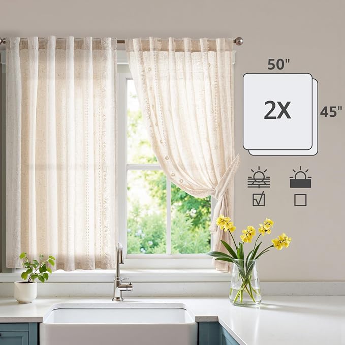 jinchan Winslow Linen Curtains 45 Inch Length Small Window Curtains Embroidered Bordered Floral Drapes Light Filtering for Bathroom Laundry Room Kitchen Farmhouse Decor White on Beige 2 Panels