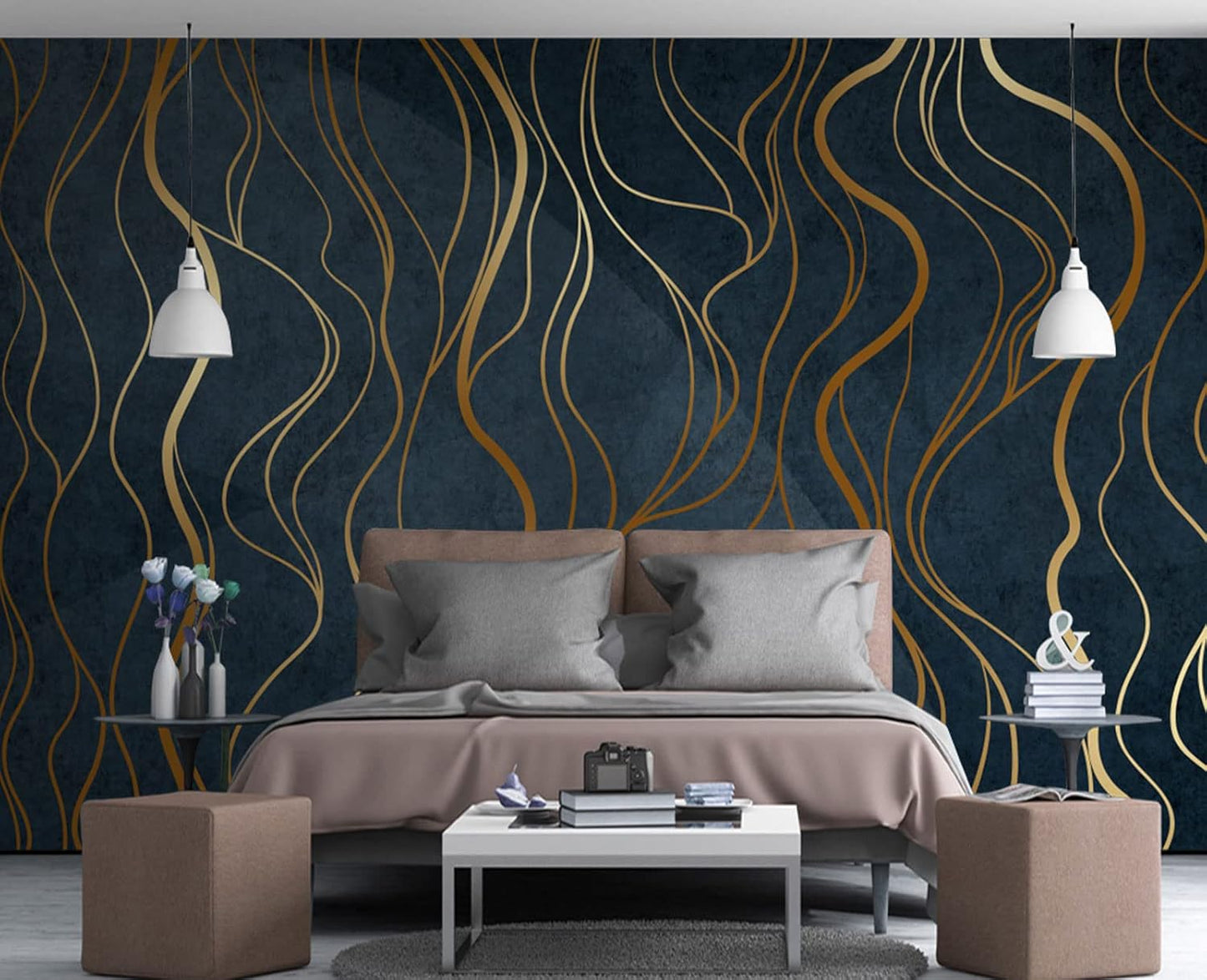 Simple Golden Lines Wall Mural Wallpaper for Bedroom 137" x 100"