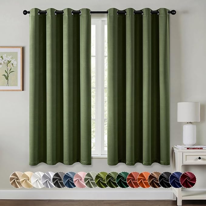 MIULEE Olive Green Blackout Curtains for Bedroom Living Room 63 Inches Long 2 Panels, Thermal Insulated Room Darkening Drapes Solid Grommet Noise Reduction Light Blocking Window Treatments 50x63 Inch