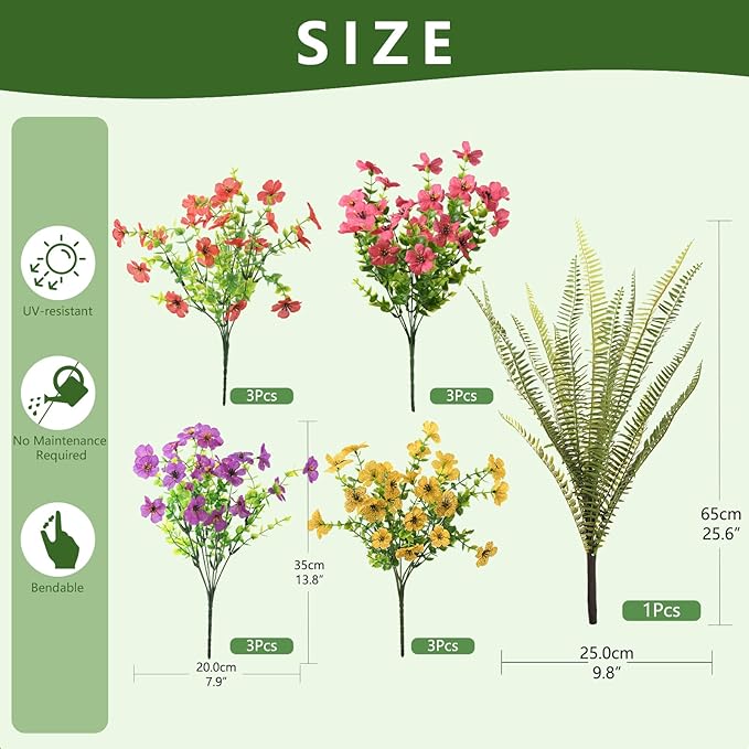 INQCMY Artificial Flowers for Outdoor 12 Pcs Faux Silk Daisy and 1 Pcs Fake Long Leaved Grass UV Resistant Tall Ferns for Home Doorway Courtyard Garden Backyard Decorative