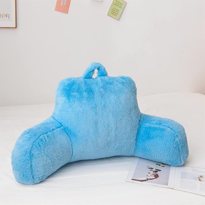 A Nice Night Faux Fur Reading Pillow Bed Wedge Adult Children Backrest with Arms Back Support for Sitting Up in Bed/Couch for Bedrest,Large Size,Babyblue