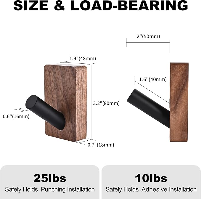 8 Pack Wooden Wall Hooks for Hanging, Adhesive Mounted & Wall Mounted Boho Decorative Walnut Wood Coat Hooks for Towel Clothes Blanket Hat Backpack Robe Nursery Door Board Entryway Key Holder