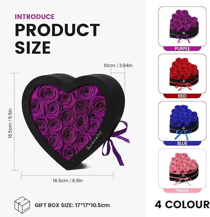 Valentines Day Flowers Roses Gifts for Her,16pcs Purple Forever Preserved Roses in Heart Shape Gift Box,Valentines Day Delivery Prime Gifts-Roses Gifts for Women,Mom.