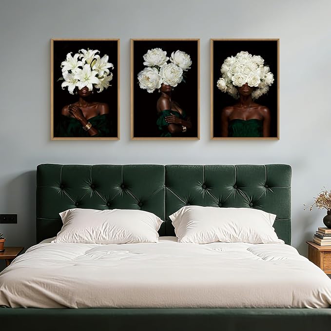 HPINUB Black Woman Framed Canvas Prints Wall Art Set, Abstract White Hydrangea Wall Decor, Vintage African American Girl Art Photos for Living Room, Bedroom, Dining Room, Office, Bathroom - 16"x24"x3