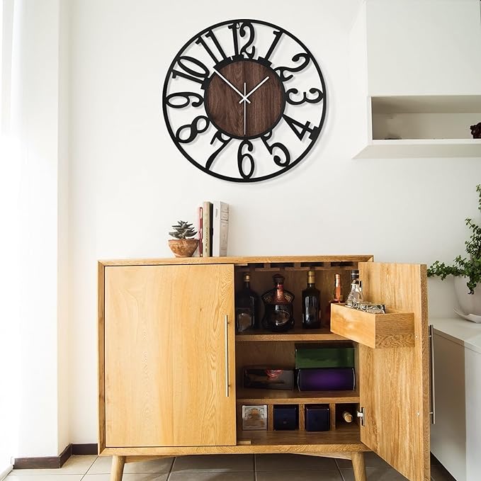 LEIKE Large Wall Clocks for Living Room,Silent,Non Ticking,Battery Operated Oversized Vintage Round Modern Wood Wall Clock for Bedroom,Farmhouse,Office Home Decor-24 Inch(Black-Arabic Number)