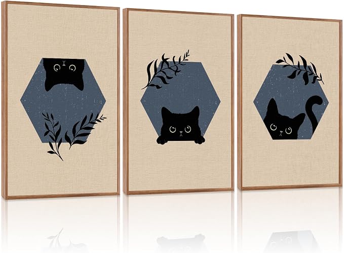 LHIUEM Boho Black Cat Framed Canvas Wall Art,Abstract Cute Animal Wall Decor,Modern Funny Kitty Painting,Beige Dark Leaves Artwork for Living Room,Bedroom,Dining Room -16"x24"x3