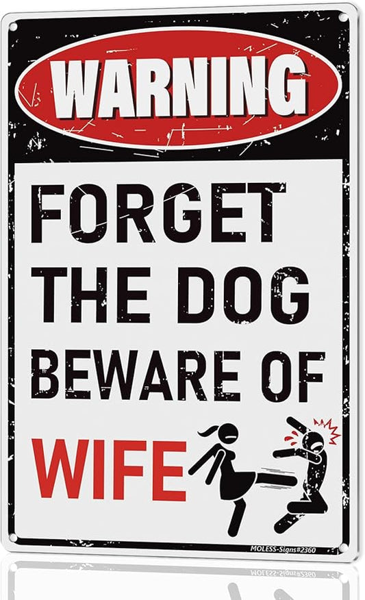 Vintage Man Cave Decor Signs – 'FORGET THE DOG BEWARE OF WIFE' | 12x8″ Funny Metal Sign for ManCave, Garage, or Workshop Wall Decor – Man Cave Accessories & Gifts for Men, 2360