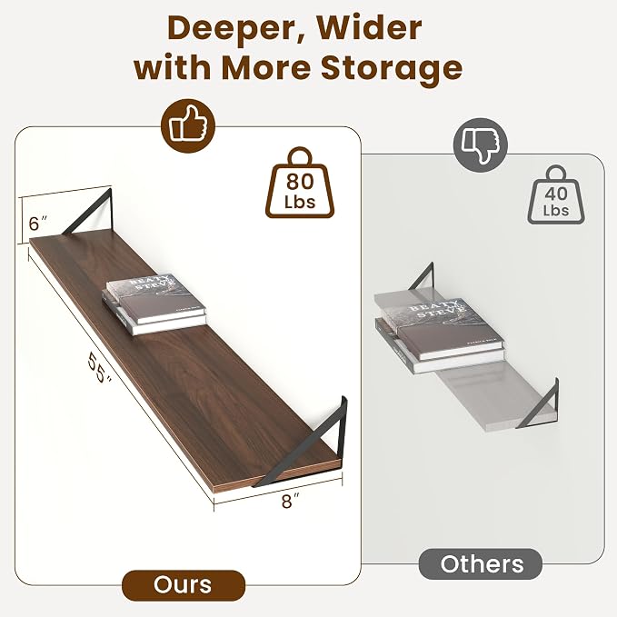 Acovy 55" Long Wall Mounted Floating Shelves,8 inch Deep Floating Shelf with Metal Brackets Set of 2,Easy-to-Install Wall Decor Storage Ledges for Living Room,Bathroom,Bedroom,Kitchen,Office,Walnut