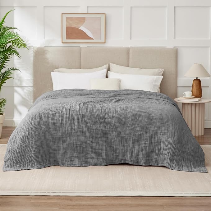 100% Cotton Muslin Blanket Queen 90" x 90", 6 Layers Breathable and Lightweight Cotton Throw Blanket for Bed, Soft Quilt Bedspread Coverlet, Gauze Blanket for Adults All Season, Grey