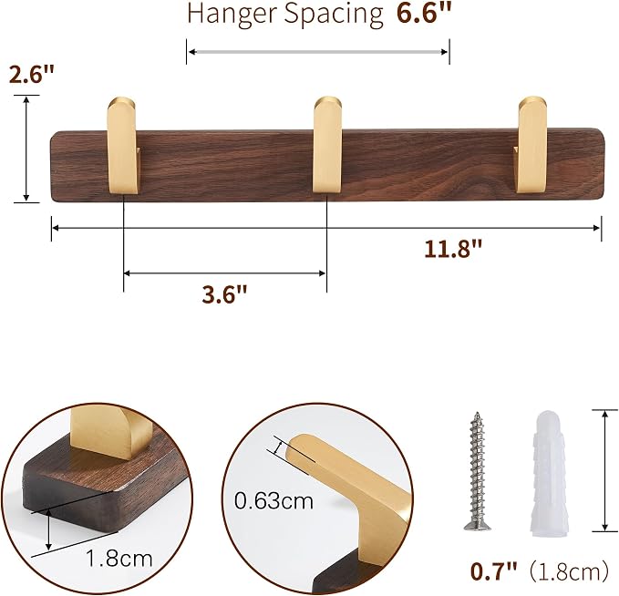 Wall Mounted Coat Rack, Entryway Hanging Coat Rack, Metal Wood Coat Rail with 3 Rustic Hooks Rail for Coat, Scarf, Bag, Towel, Key, Cap, Hat, Walnut Gold Matt