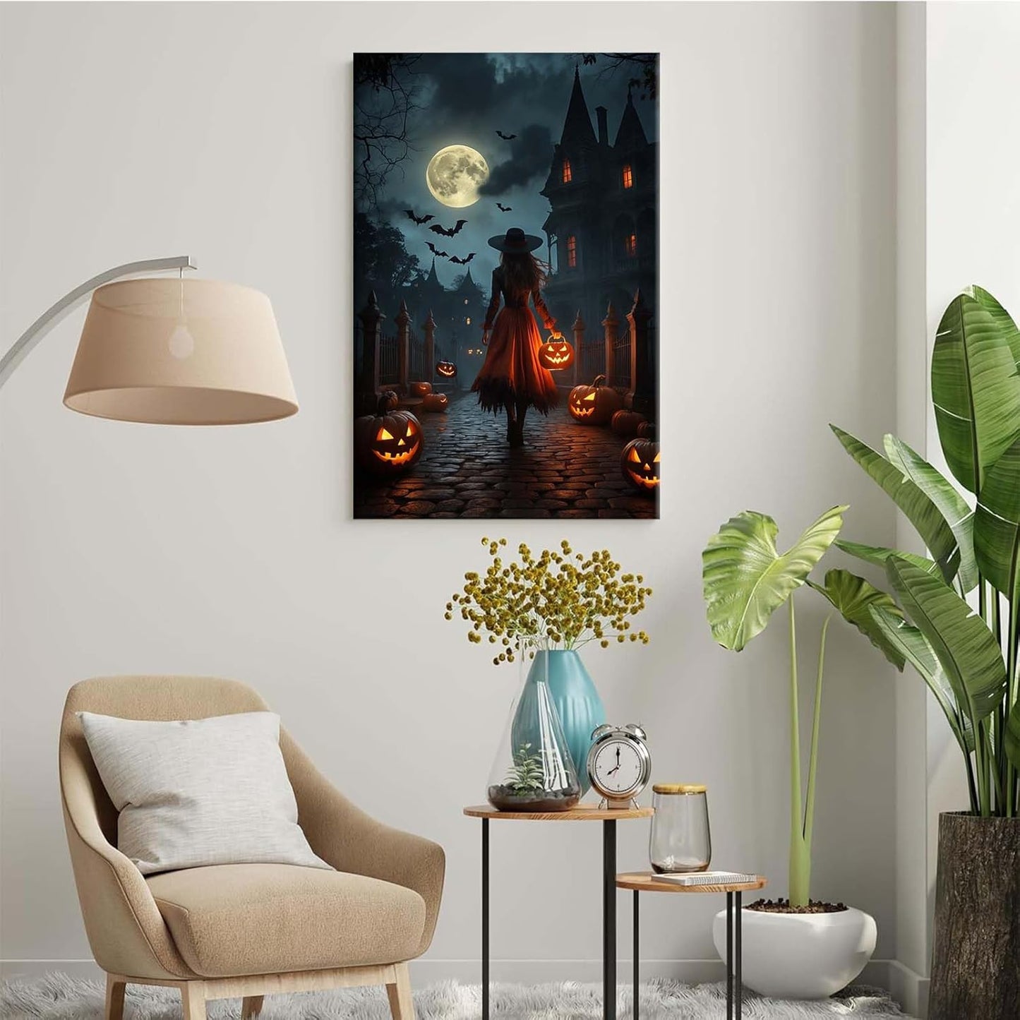 JFHCQJPK Halloween theme poster moonlit autumn night witch vintage poster art print dark college style gothic painting canvas wall decoration bedroom living room ideal gift32x48in Frameless