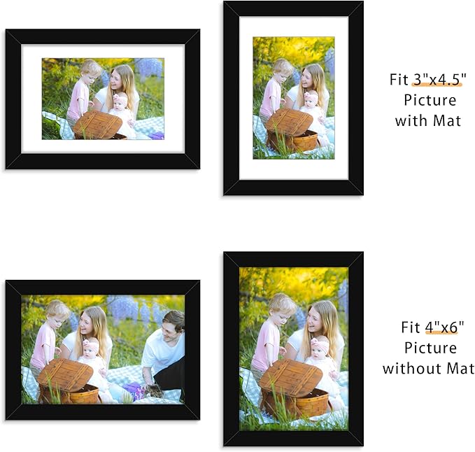 Picrit 4x6 Picture Frame Set of 12, Display 3.5x5 with Mat or 4x6 without Mat, Photo Frames for Wall Mounting or Table Top Display, Black