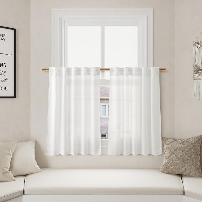 Nanspring Off White Kitchen Curtains 30 Inch Length Back Tab Light Filtering Linen Blend Semi Sheer Short Cafe Curtain Modern Elegant Mini Drapes for Small Window Basement RV Laundry Camper 26x30