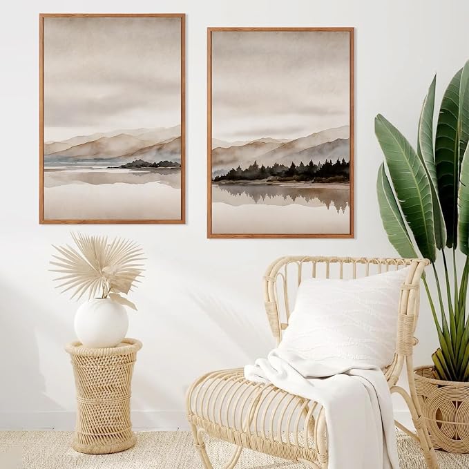 LHIUEM Abstract Mountain Brown Framed Canvas Wall Art,Neutral Watercolor Landscape Wall Decor,Minimalist Grey Beige Lake Artwork for Living Room,Bedroom,Dining Room,Office -24"x36"x3