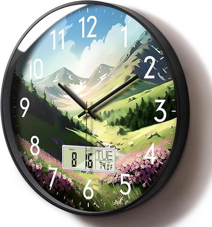 12 Inch Mountain Wildflowers Wall Clock, Silent Non-Ticking Battery Operated Analog Clock with LCD Calendar & Temperature Display, Modern Wall Clock for Living Room, Bedroom, Farmhouse, Cottage Decor