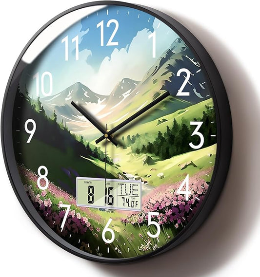 12 Inch Mountain Wildflowers Wall Clock, Silent Non-Ticking Battery Operated Analog Clock with LCD Calendar & Temperature Display, Modern Wall Clock for Living Room, Bedroom, Farmhouse, Cottage Decor