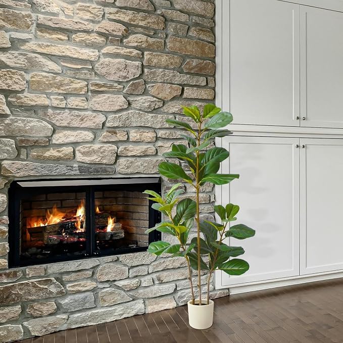 Warmplants Artificial Fiddle Leaf Fig Tree, 5ft Tall Fake Ficus Lyrata Tree with White Planter, Faux Fig Plant for Indoor Home Office Living Room Décor