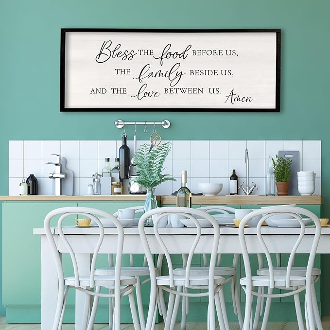 Surfapans Bless the Food Before Us Wall Decor, 32"X12" Farmhouse Dining Room Family Kitchen Sign, Christian Bible Verse Scripture Vintage Home Framed Wood Wall Art (Black)