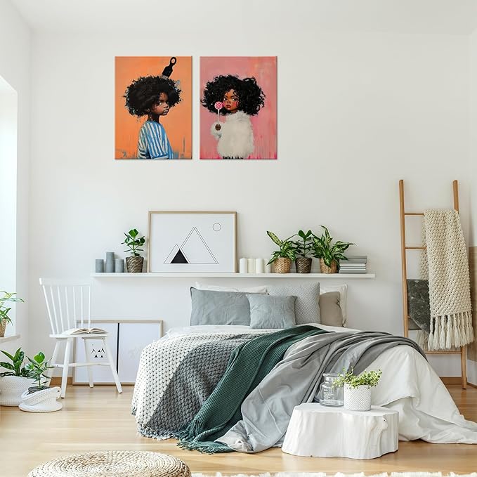 Black Kids Wall Art - Afro American Children Canvas Prints, Modern African American Portrait Paintings for Girls Bedroom, Cute Black Girl Nursery Art, Cultural Wall Decor， Framed12 x 16inches X2piece