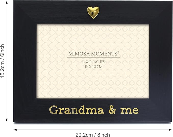 MIMOSA MOMENTS "Grandma & Me Black 4x6 Picture Frame with Gold Heart Ornament, Tabletop Display, Mother's Day Birthday Gift for Grandma from Granddaughter Grandson