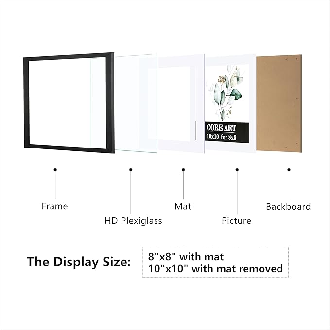 CORE ART 10x10 Picture Frame Set of 4, Display Pictures 8x8 with Mat or 10 x 10 without Mat, Multi Photo Frames Collage for Wall or Tabletop Display, Black