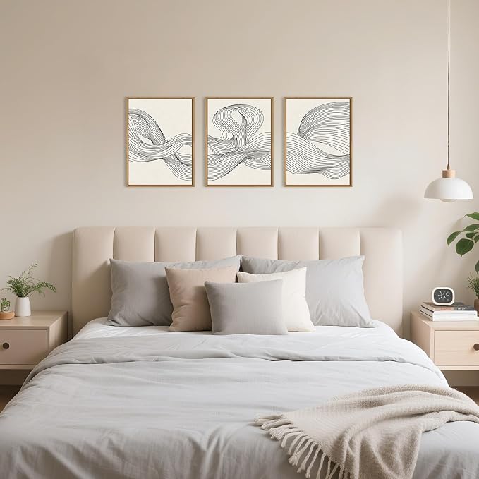 HPNIUB Large Neutral Abstract Framed Canvas Wall Art,Textured Beige Minimalist Wall Decor,Black Line Wave Art Prints,Boho Modern Geometric Artwork for Living Room, Bedroom, Office -12"x16"x3