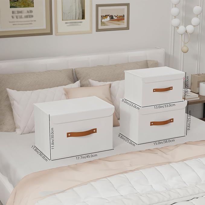 Yawinhe SNK018WL-S Set of 3 Foldable Storage Boxes with Lids for Towels, Clothes, 33 x 23 x 20 cm, White,