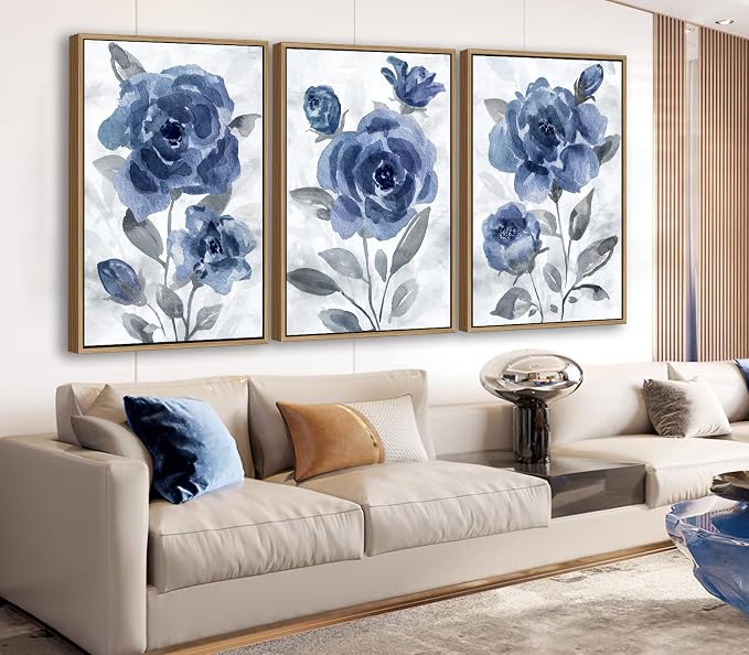 Large Framed Canvas Wall Art - Natural Float Framed Modern Indigo Flowers Pictures Decor Dark Blue Floral Grey Leaves Artwork for Bedroom Living Room Kitchen Home Office Decoration 72" X 36" Set of 3