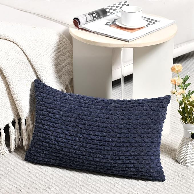Fancy Homi 2 Packs Navy Blue Long Lumbar Decorative Throw Pillow Covers 16x24 Inch for Couch Bed Sofa, Modern Farmhouse Boho Home Decor, Soft Cute Plush Corduroy Rectangle Cushion Case 40x60 CM