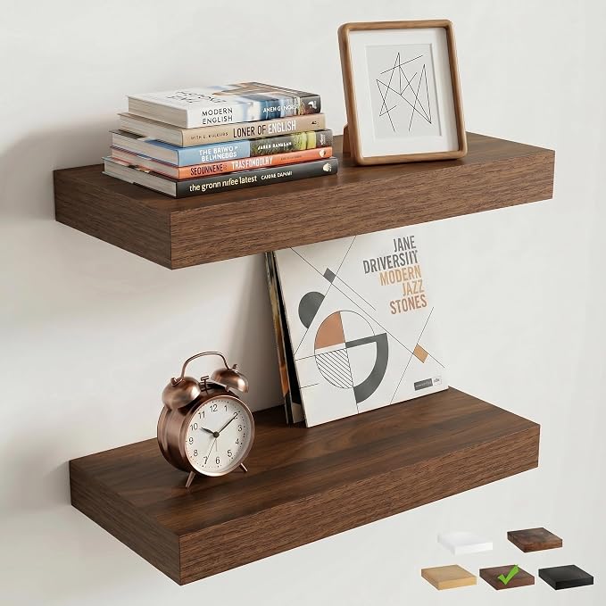 16 Inch Floating Shelves for Wall, 8"D Wood Storage Shelves, Walnut Finish | Engineered Wood, Invisible Bracket, Large Storage, Easy Install, Hold Up to 33lbs, Living Room, Bathroom, Bedroom, Kitchen